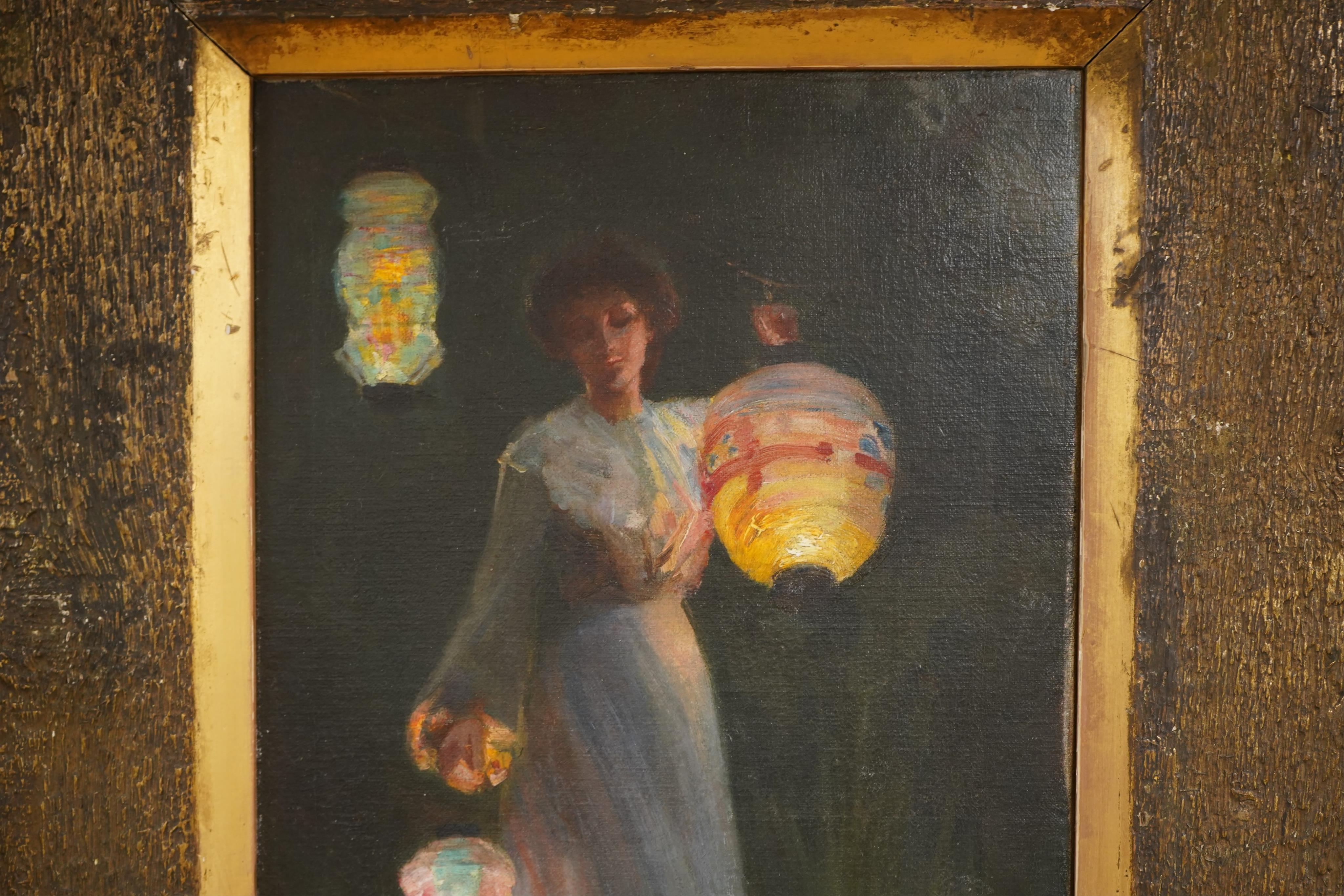 Manner of Thomas Cooper Gotch (1854-1931), Woman holding lanterns, oil on canvas, 44cm x 29cm